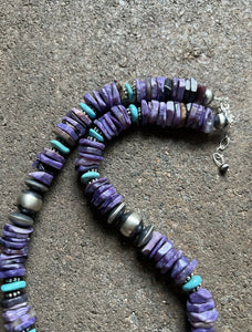 Sterling Silver Charoite Turquoise Bead Necklace. 18 Inch