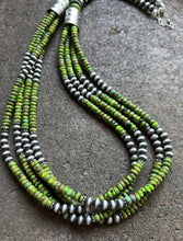 Load image into Gallery viewer, Sterling Silver Multi Strand Green Turquoise W Pearls Bead Necklace. 28 inch