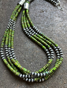 Sterling Silver Multi Strand Green Turquoise W Pearls Bead Necklace. 28 inch