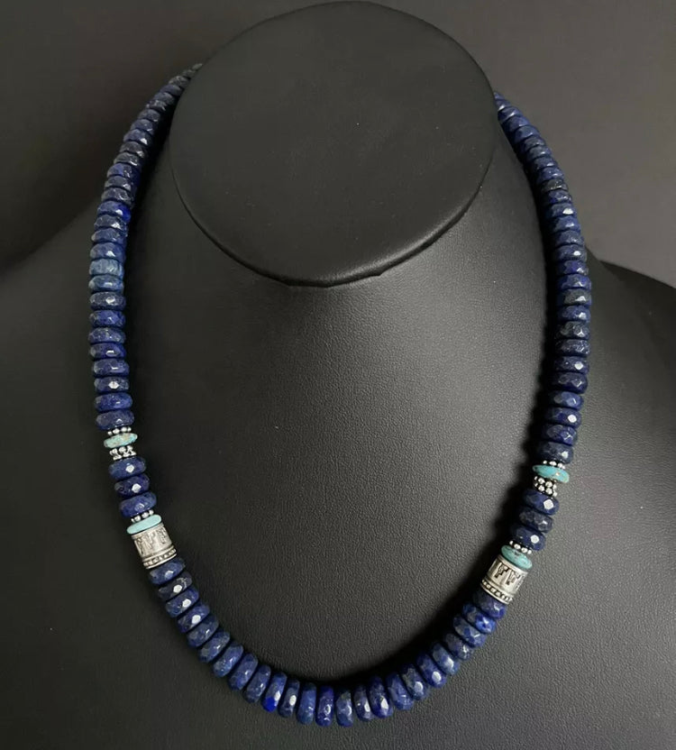 Sterling Silver Lapis W Turquoise Bead Necklace. 21 inch