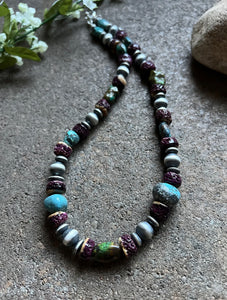 Sterling Silver Turquoise Nuggets W Purple Spiny Oyster Bead Necklace 19 inch