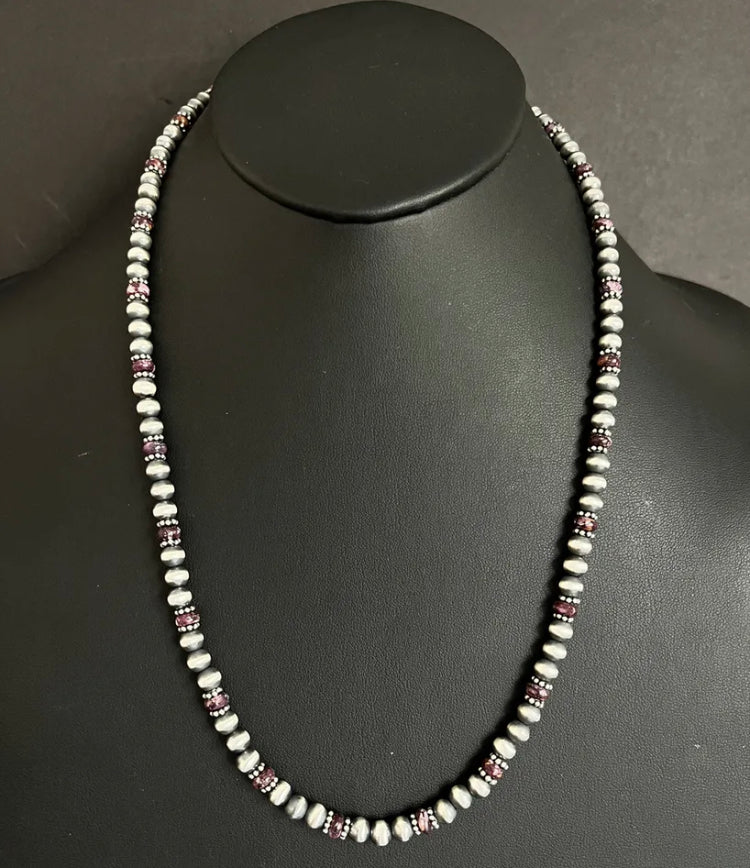 Sterling Silver Purple Spiny Oyster W 6mm Pearls Bead Necklace. 24 inch