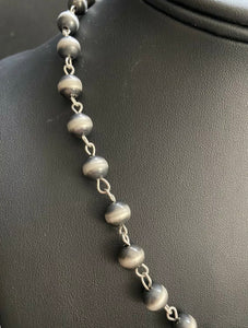 Sterling Silver 8mm Navajo Pearls Rosary Bead Necklace. 28 Inch.