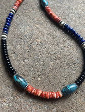 Load image into Gallery viewer, Sterling Silver Multi Stone Turquoise Lapis Onyx Spiny Bead Necklace 18 inch