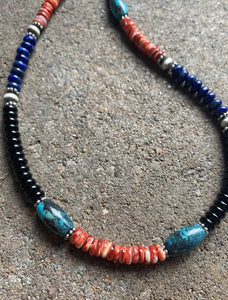 Sterling Silver Multi Stone Turquoise Lapis Onyx Spiny Bead Necklace 18 inch