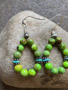 Sterling Silver Green Blue Turquoise Bead Loop Earrings.