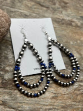 Load image into Gallery viewer, Sterling Silver Pearls Double Loop Lapis Bead Earrings.