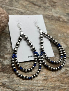 Sterling Silver Pearls Double Loop Lapis Bead Earrings.