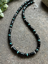 Load image into Gallery viewer, Sterling Silver Graduated Black Onyx Turquoise Bead Necklace. 20 Inch