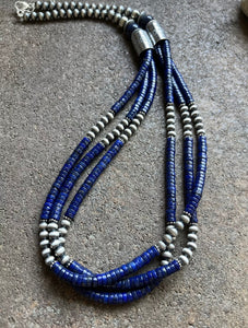 Sterling Silver Multi Strand Lapis W Pearls Bead Necklace. 28 inch