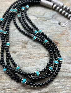 Sterling Silver Multi Strand Black Onyx with Turquoise Bead Necklace. 22 Inch