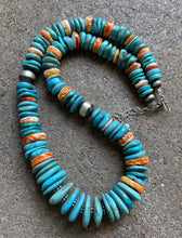 Load image into Gallery viewer, Sterling Silver Graduated Blue Turquoise Spiny Oyster Bead Necklace 20 Inch
