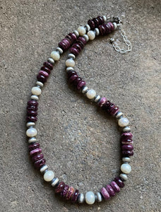 Sterling Silver Purple Spiny Oyster W Freshwater Pearls Bead Necklace 18 inch