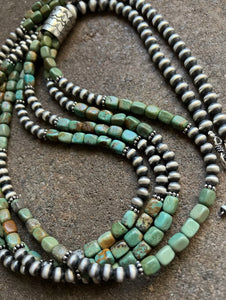 Sterling Silver Multi Strand Green Turquoise Bead Necklace. 30 inch