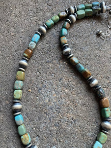 Sterling Silver Blue Green Turquoise W Navajo Pearls Bead Necklace 16 inch