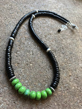Load image into Gallery viewer, Sterling Silver Graduated Black Onyx W Green Turquoise Bead Necklace. 18 Inch