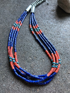 Sterling Silver Multi Strand Stone Lapis Bead Necklace. 24 inch