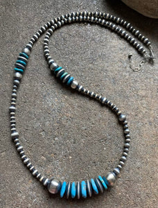 Long Sterling Silver Blue Turquoise Navajo Pearls Bead Necklace. 30 inch