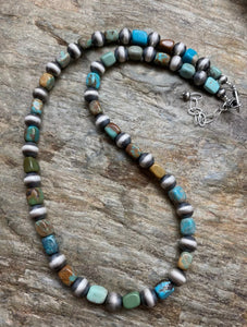 Sterling Silver Blue Green Turquoise W Navajo Pearls Bead Necklace. 18 inch