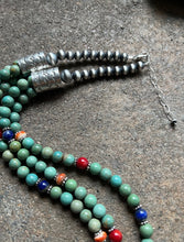 Load image into Gallery viewer, Sterling Silver Green Turquoise Multi Strand Multi Stone Bead Necklace. 24 inch