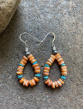 Load image into Gallery viewer, Sterling Silver Spiny Oyster Blue Turquoise Bead Loop Earrings.