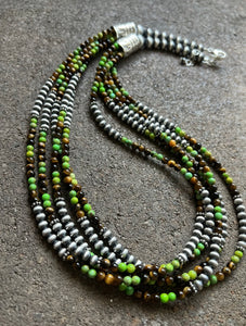 Sterling Silver Multi Strand Green Turquoise Tigers Eye Bead Necklace. 24 inch