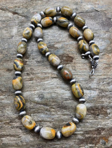 Sterling Silver Bumblebee Jasper Navajo Pearls Bead Necklace. 18 inch