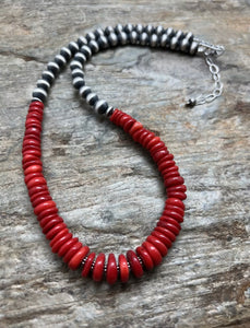 Sterling Silver Red Coral Bead Necklace 18 inch