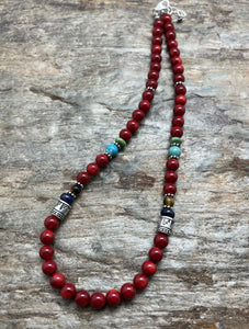 Sterling Silver Multi Stone Red Coral Bead Necklace 18 inch