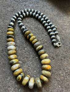 Sterling Silver Graduated Bumblebee Jasper W Pearls Bead Necklace. 18 inch