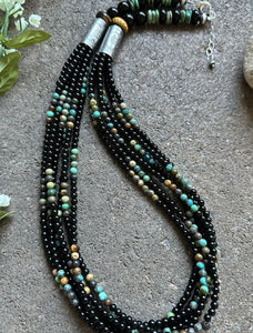 Sterling Silver Multi Strand Black Onyx Turquoise Bead Necklace. 24 Inch