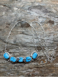 Zuni Sterling Silver Blue Turquoise Bar Chain Necklace. 19 inch. Gloria G