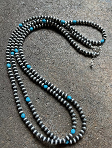 60” Sterling Silver Sleeping Beauty Turquoise 6mm Pearls Bead Necklace