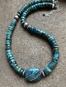 Sterling Silver Heishi Turquoise W Nugget Bead Necklace. 18 inch