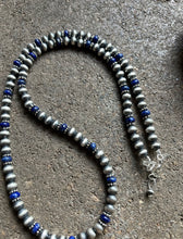 Load image into Gallery viewer, Sterling Silver Blue Lapis W 6mm Pearls Bead Necklace. 24 inch