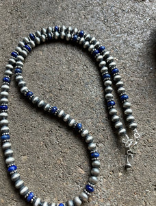 Sterling Silver Blue Lapis W 6mm Pearls Bead Necklace. 24 inch