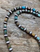 Load image into Gallery viewer, Sterling Silver Blue Green Turquoise W Navajo Pearls Bead Necklace. 18 inch