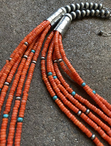 Sterling Silver Multi Strand Orange Coral W Turquoise Bead Necklace. 24 inch