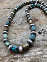 Load image into Gallery viewer, Sterling Silver Blue Green Turquoise W Navajo Pearls Bead Necklace. 18 inch