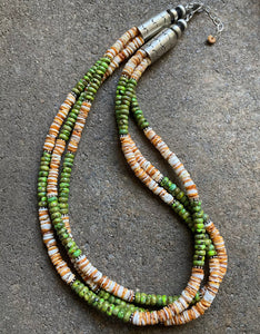 Sterling Silver Multi Strand Spiny Oyster Green Turquoise Bead Necklace. 20 inch