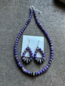 Sterling Silver Purple Charoite Bead Necklace W Earrings Set. Gift 18 Inch