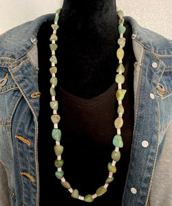 Sterling Silver Green Turquoise Nuggets with Heishi Bead Necklace. 36 inch