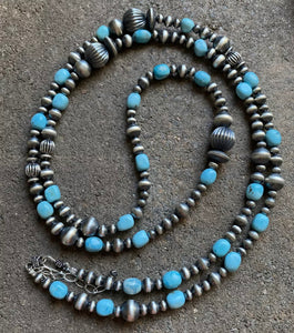 Sterling Silver Turquoise W Navajo Pearls Bead Necklace 44 Inch