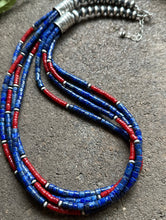 Load image into Gallery viewer, Sterling Silver Multi Strand Lapis Coral Pearls Bead Necklace. 24 inch