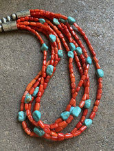Load image into Gallery viewer, Sterling Silver Multi Strand Coral Turquoise Bead Necklace 24 Inch
