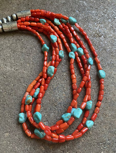 Sterling Silver Multi Strand Coral Turquoise Bead Necklace 24 Inch