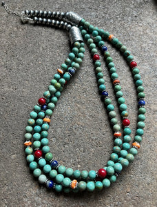 Sterling Silver Green Turquoise Multi Strand Multi Stone Bead Necklace. 24 inch