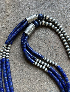 Sterling Silver Multi Strand Lapis W Pearls Bead Necklace. 28 inch