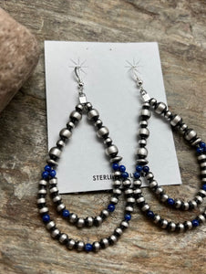 Sterling Silver Pearls Double Loop Lapis Bead Earrings.