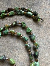 Load image into Gallery viewer, Sterling Silver Green Turquoise Nuggets with Heishi Bead Necklace. 60 inch